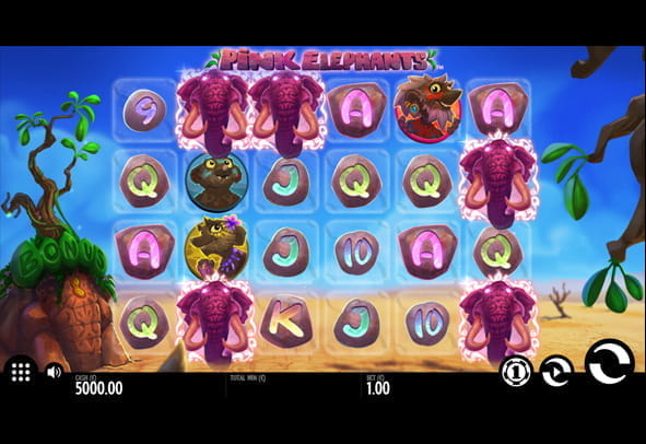 Hier sieht man die Bedienoberfläche des Demoversion des Pink Elephants Slots.