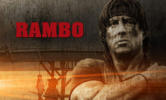 Das Logo des Slots Rambo mit dem rechts abgebildeten Schauspieler Sylvester Stallone
