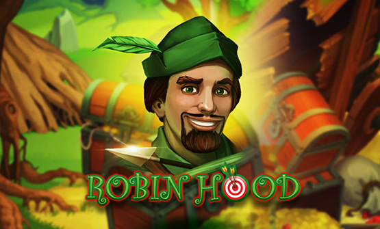 Das Logo des Robin Hood Slots mit der Hauptfigur vor verschwommenem Hintergrund vom Hersteller Evoplay.