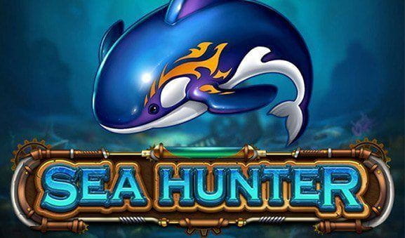 Das Bild zeigt einen Orca im Meer und das Logo des Spiels Sea Hunter.