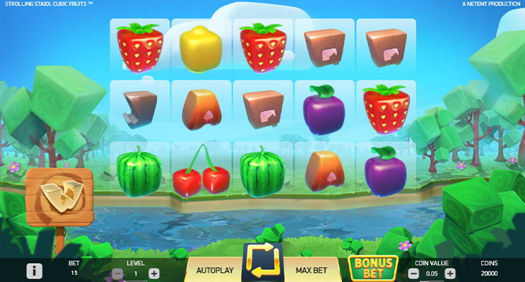 Eine kostenlose Demo-Version des Strolling Staxx: Cubic Fruits Slots.