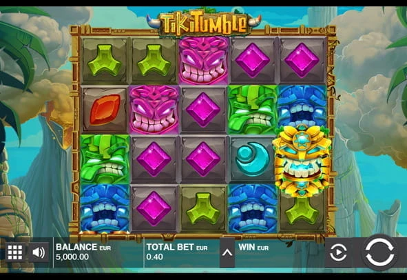 Der Startbildschirm der Demoversion des Tiki Tumble Slots von Push Gaming.