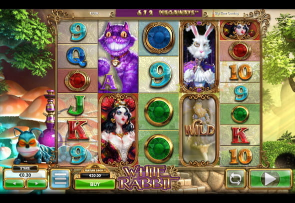 Auf dem Bild ist die Bedienoberfläche der Demoversion des Spielautomaten White Rabbit von Big Time Gaming zu erkennen.