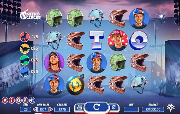 Die 5 Walzen und 4 Reihen des Spielautomaten Nitro Circus von Yggdrasil.