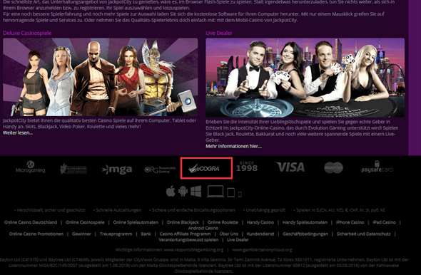 Klicke auf das Logo des Testlabors, um die Echtheit des Zertifikats (in diesem Fall eCOGRA) zu überprüfen.