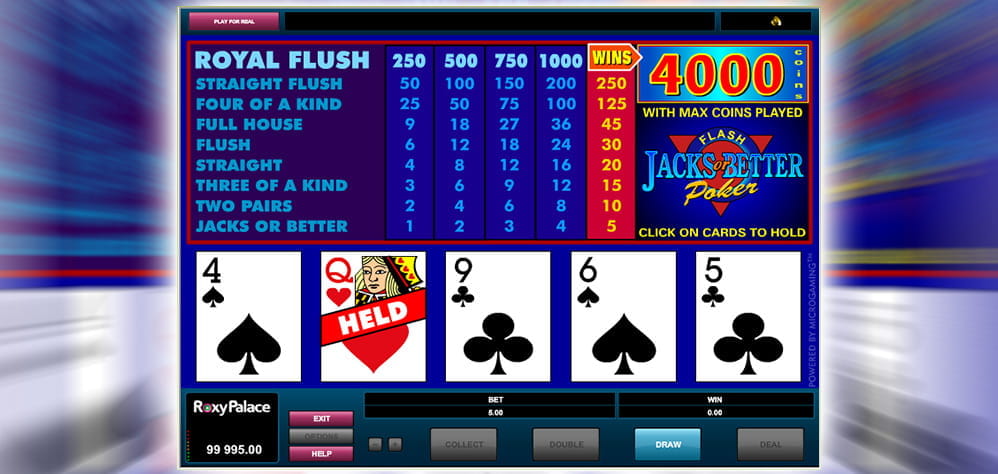 Die Spielansicht und Gewinntabelle beim Video Poker Spiel Jacks or Better.