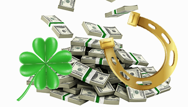 Glückssymbole wie Hufeisen und Kleeblatt und ein Haufen Geldscheine.