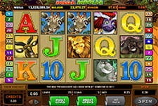 Das Bild zeigt das Automatenspiel Mega Moolah, auf dem verschiedene Symbole aus dem Dschungel zu sehen sind.