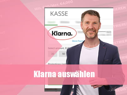 Ein Bild von Mark Seibert, daneben der Kassenbereich eines Casinos mit der Zahlungsmethode Klarna.