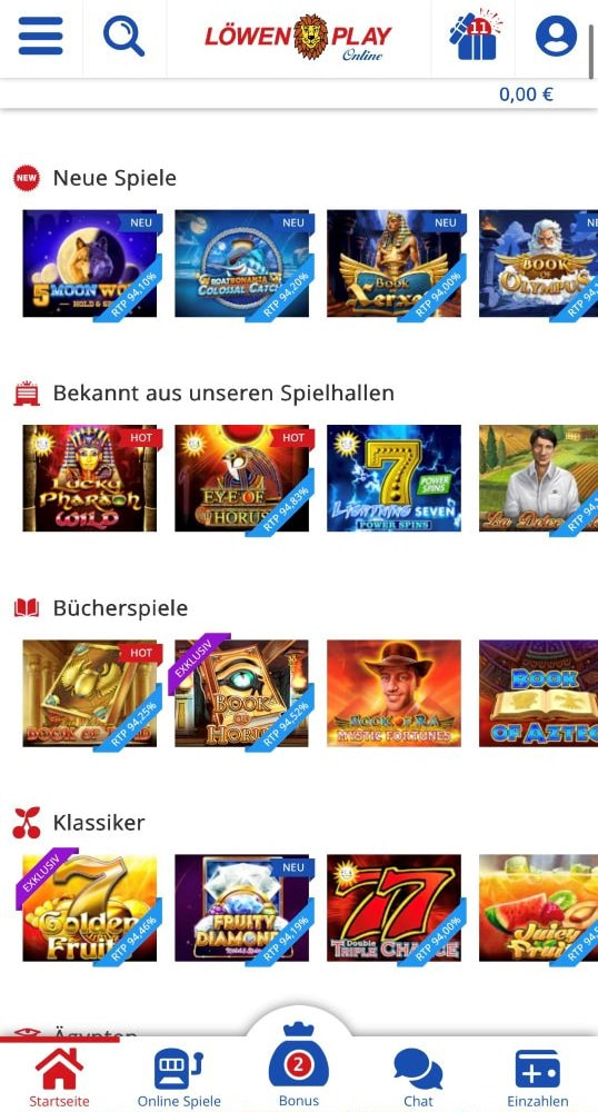 Die Spielelobby bei Löwen Play mit den Kategorien Neue Spiele, Spielhallen-Klassiker und Bücherspiele