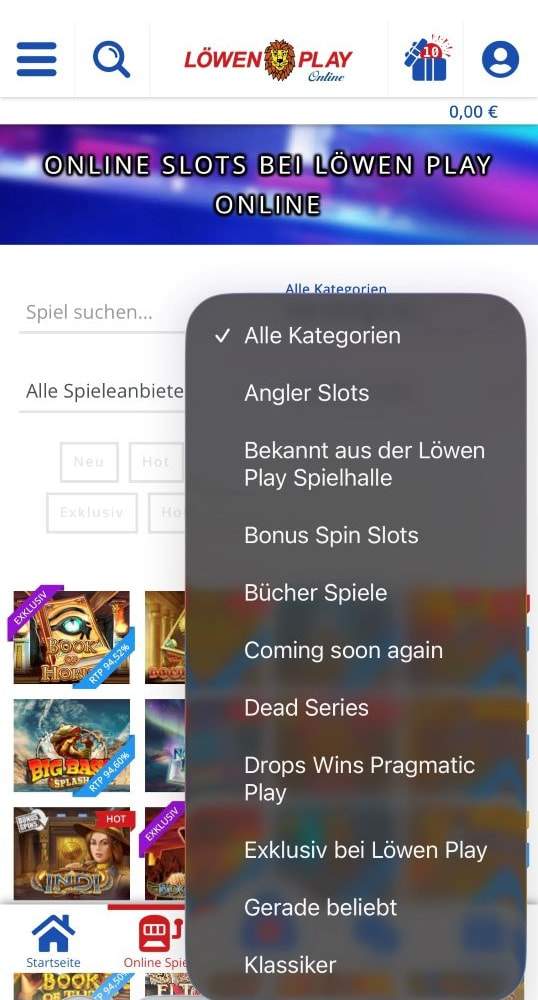 Der Kategorie-Filter bei Löwen Play mit Spielhallen-Klassikern und exklusiven Titeln