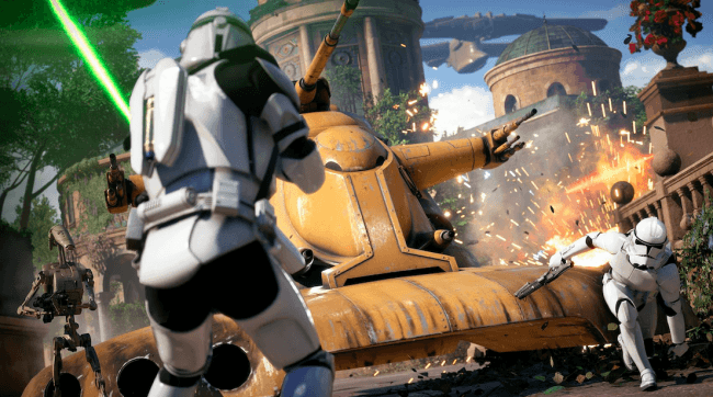 Battlefront 2 Screenshot mit Stormtroopern und Androidenpanzer