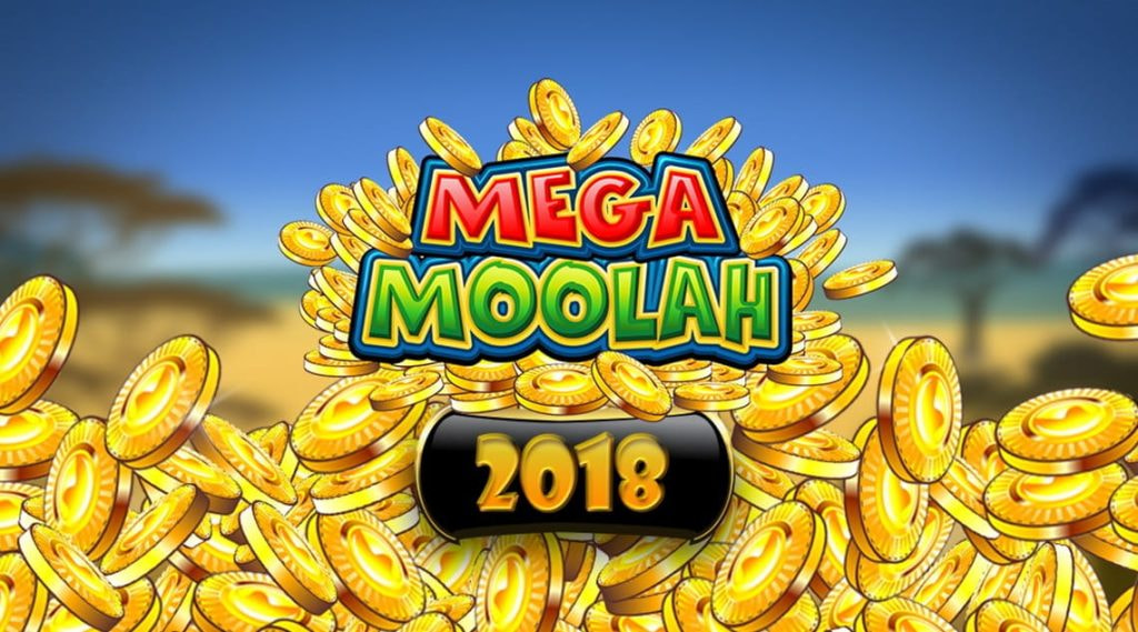 Das Logo des Online Spielautomaten Mega Moolah von Microgaming vor dem Hintergrund goldener Jetons, die die Rekord Jackpot Ausschüttung im Jahr 2018 versinnbildlichen.