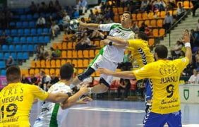 Handballspieler kämpfen um den Ball.
