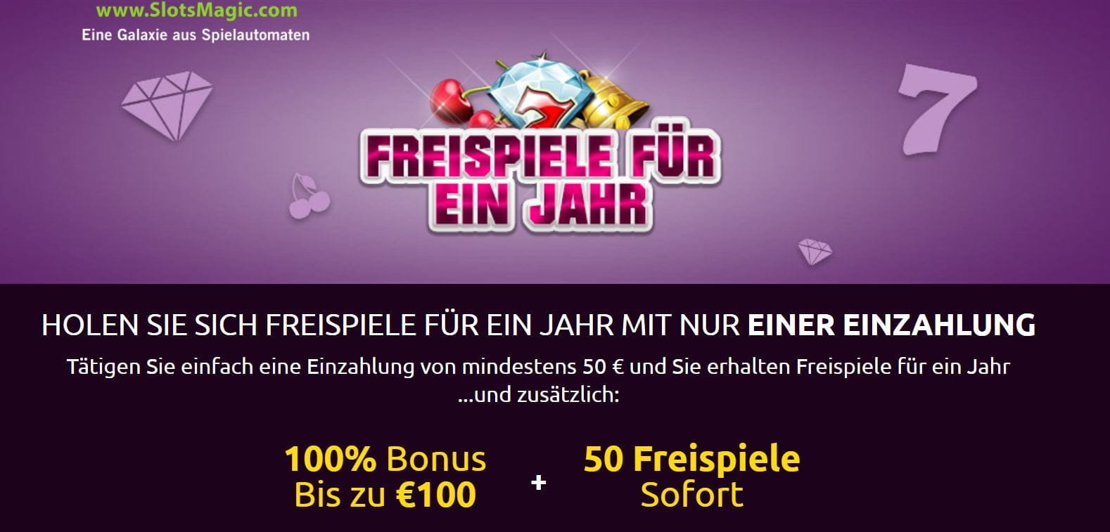 1 Jahr Freispiéle + 100€ Bonus und Sofort Spins