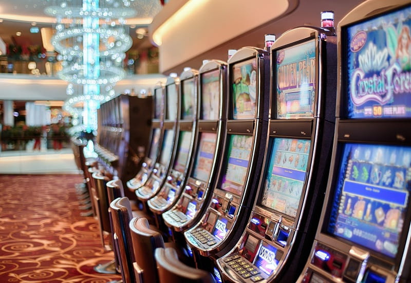 Spielautomaten aufgereiht in einer Spielhalle.