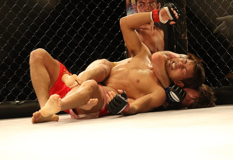 Zwei MMA-Kämpfer im Bodenkampf.