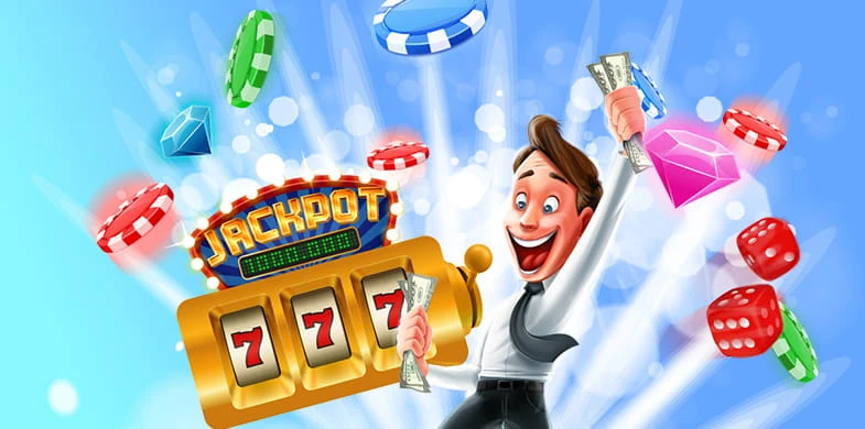 Sosok animasi memegang uang kertas dan di latar belakang adalah simbol kasino seperti chip game dan bandit satu tangan.