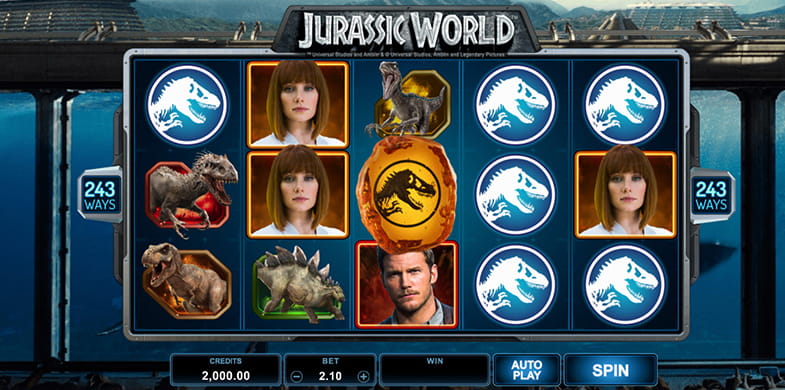 Der Online Slot Jurassic World mit einigen der Symbole wie dem Film-Logo.