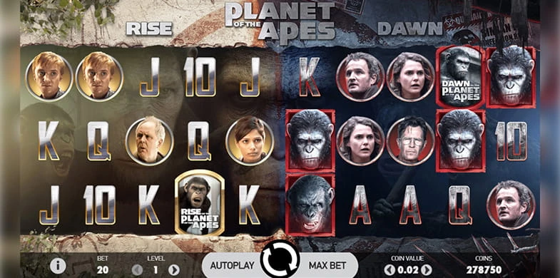 Der Startbildschirm des Online Slots Planet of the Apes mit einigen der Symbole des Spiels.