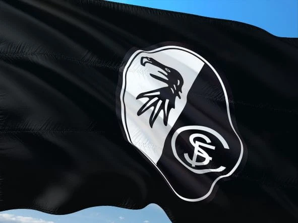 Das Logo vom SC Freiburg auf dessen Fahne weht im Wind.