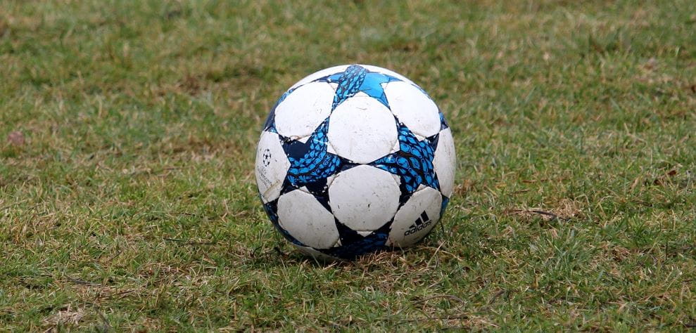Sebuah bola sepak terletak di lapangan sepak bola.