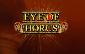 Eine Frau hält den Zeigefinger vor den Mund, daneben Symbole aus der Eye of Horus Slot.