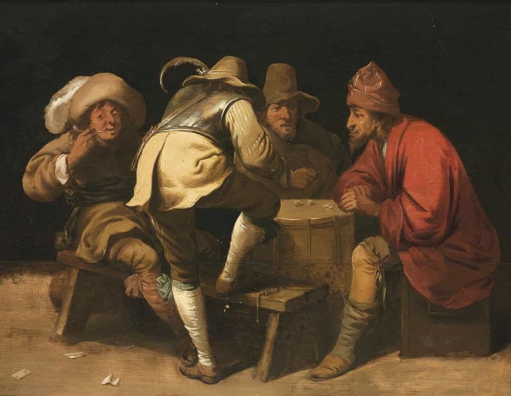 Ein Gemälde von Pieter Quast, das Männer beim Würfelspiel zeigt