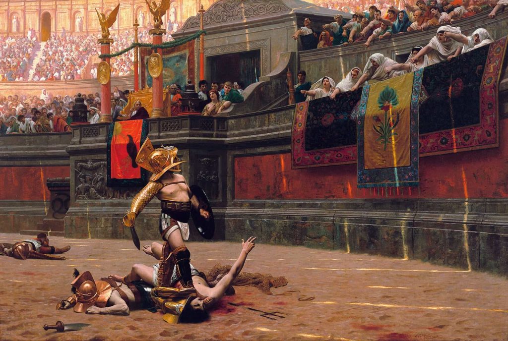 Ein Gemälde von Jean-Léon Gérôme, das Szenen aus einem Gladiatorenkampf zeigt