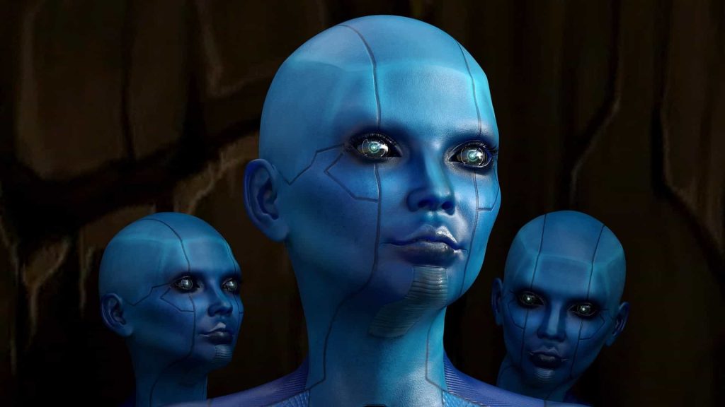 Drei menschenähnliche Roboter mit blauen Köpfen
