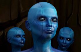 Drei menschenähnliche Roboter mit blauen Köpfen