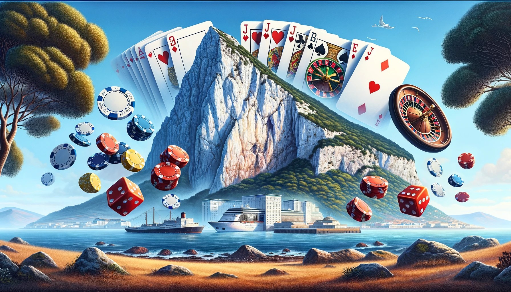 Rock von Gibraltar mit Glücksspielsymbolen.