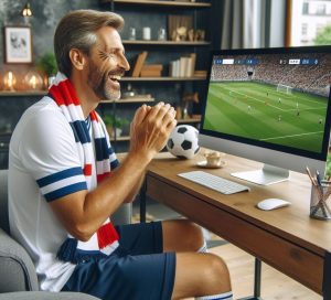 Ein Mann sitzt an einem Computer und sieht sich Fußball an