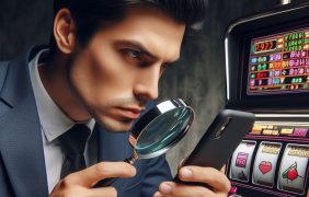 Mann mit einer Lupe schaut auf sein Handy