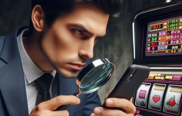 Mann mit einer Lupe schaut auf sein Handy