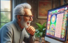 Mann spielt Online-Lotto am Computer