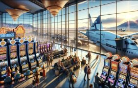 Abbildung eines Flughafens samt Glücksspielautomaten.