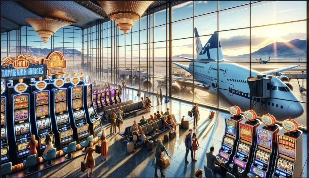 Abbildung eines Flughafens samt Glücksspielautomaten.