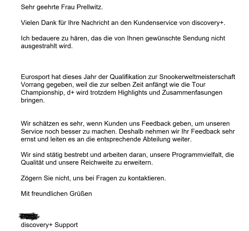 E-Mail Antwort von Eurosport.