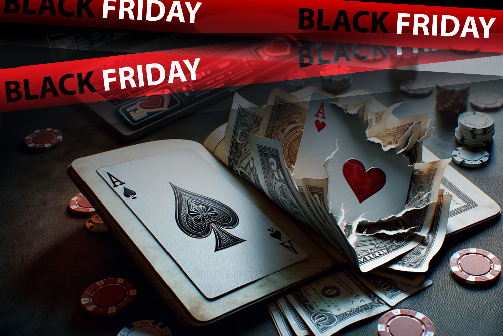 Zerrisssene Pokerkarten und Band mit Aufschrift Black Friday.