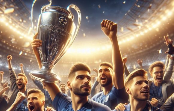 Eine Fußballmannschaft jubelt mit dem Champions League Pokal (Darstellung).