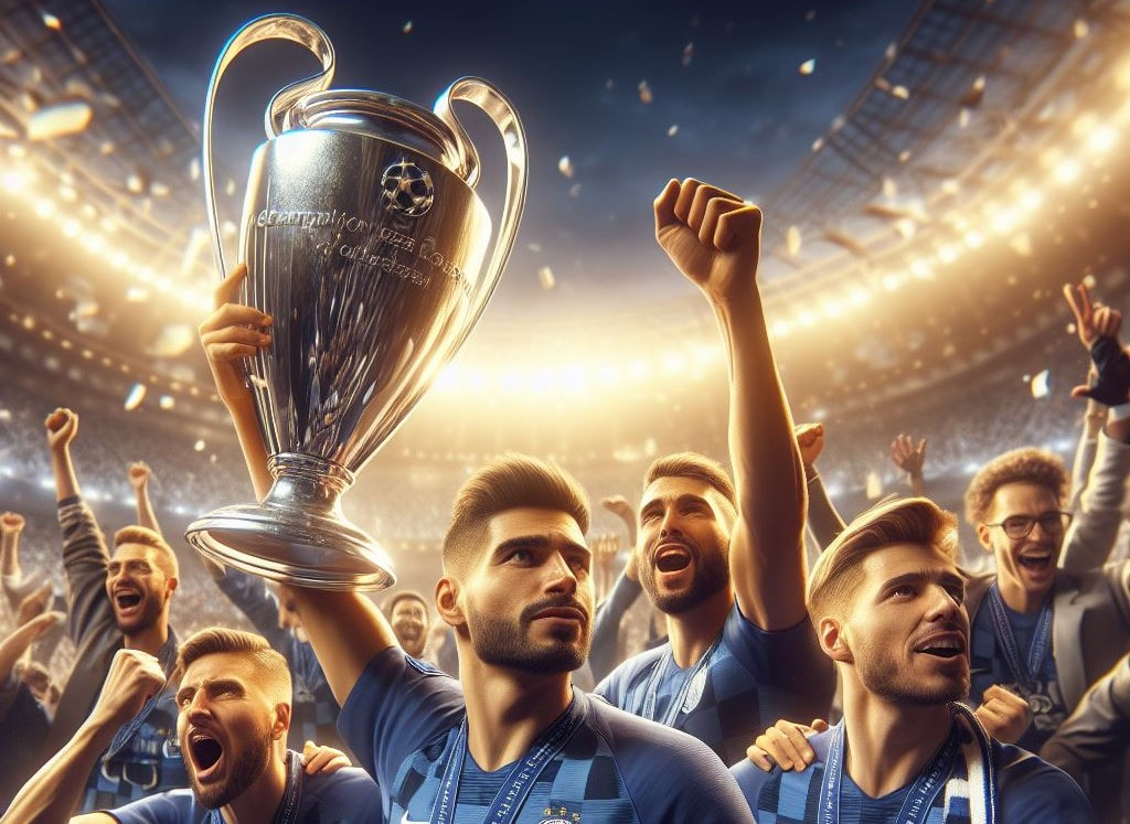 Eine Fußballmannschaft jubelt mit dem Champions League Pokal (Darstellung).