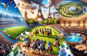 Panoramabild, visuell unterteilt in drei Abschnitte: eine Fußballmeisterschaft, ein Pferderennen und ein Online-Casino, alle in Frankreich, mit Darstellungen von Euro-Noten.