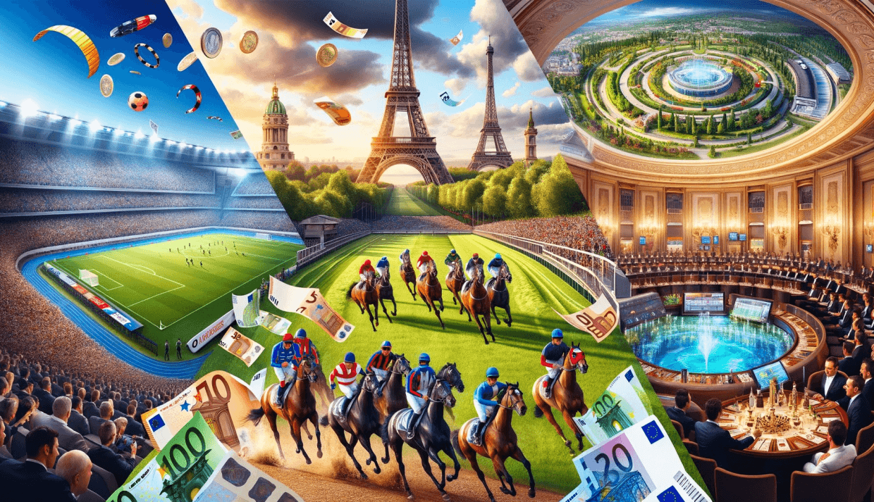 Panoramabild, visuell unterteilt in drei Abschnitte: eine Fußballmeisterschaft, ein Pferderennen und ein Online-Casino, alle in Frankreich, mit Darstellungen von Euro-Noten.