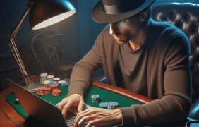 Darstellung eines Mannes, der Online-Poker an seinem Laptop spielt