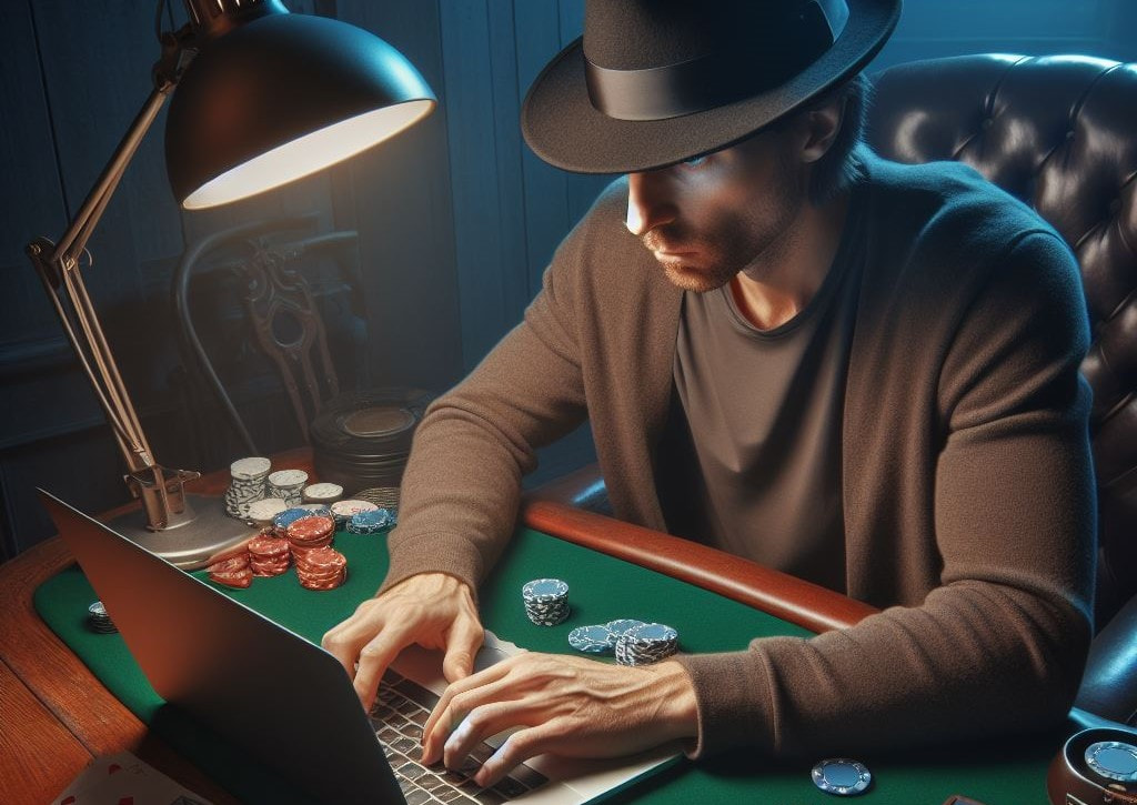 Darstellung eines Mannes, der Online-Poker an seinem Laptop spielt