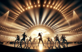 Panoramabild einer großen Bühne, auf der gesungen und getanzt wird.