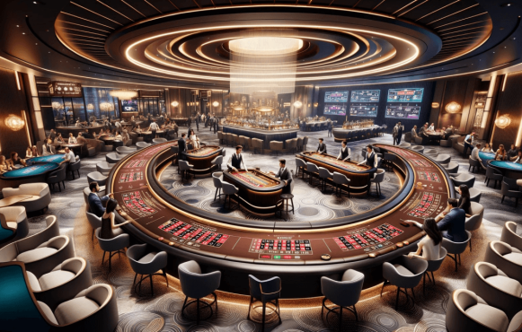 Abbildung eines Casinos mit Spieltischen, Croupiers und Gästen