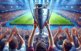 Fußballfans auf der Tribüne in einem Stadion mit dem Champions League Pokal (Darstellung)