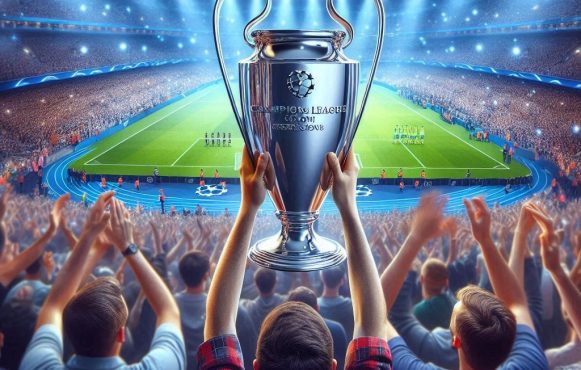 Fußballfans auf der Tribüne in einem Stadion mit dem Champions League Pokal (Darstellung)